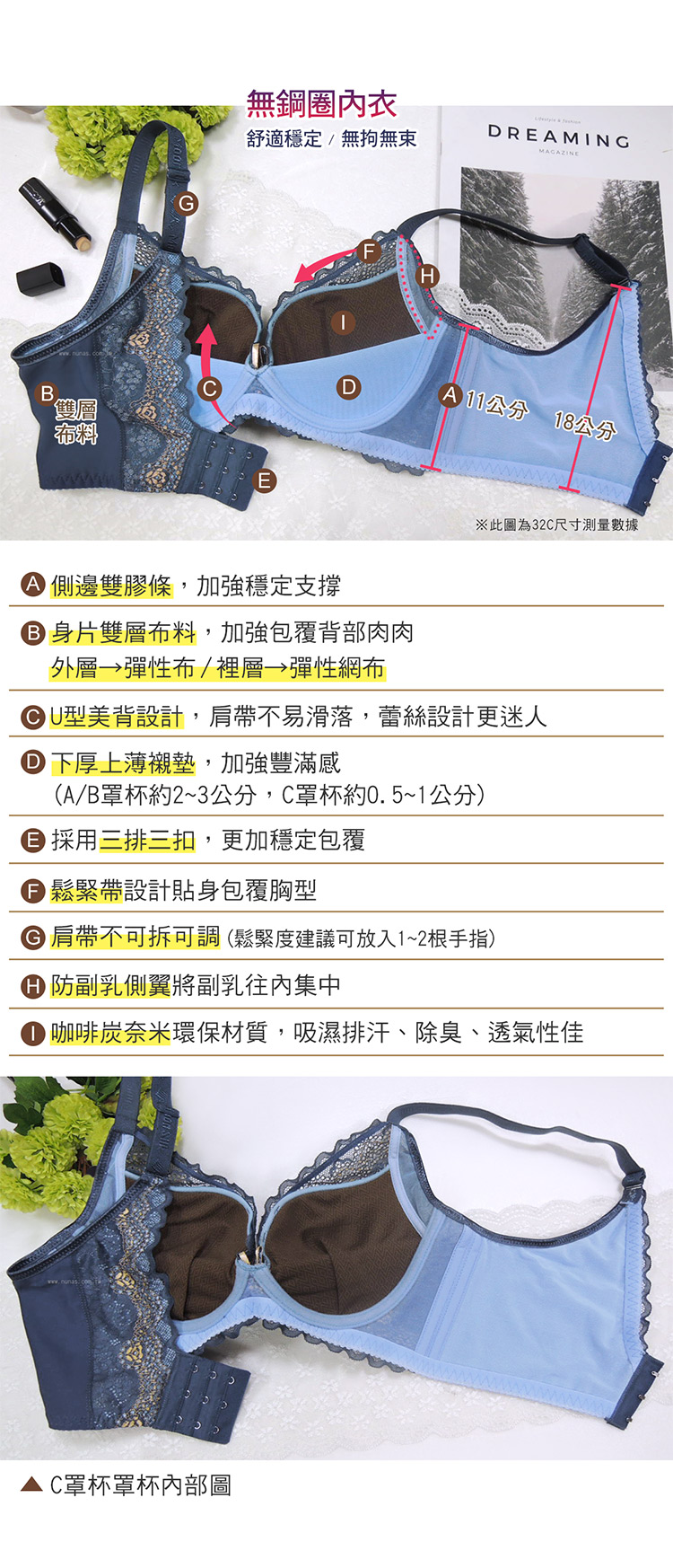 【露娜斯】香榭之吻。無鋼圈深V厚墊集中托高防副乳機能內衣【黑】台灣製 U27836