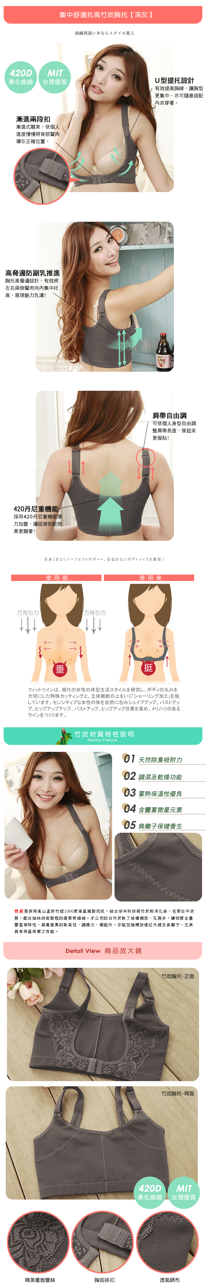 【露娜斯】420丹吸濕透氣集中托高竹炭蕾絲胸托【灰】台灣製 F8160