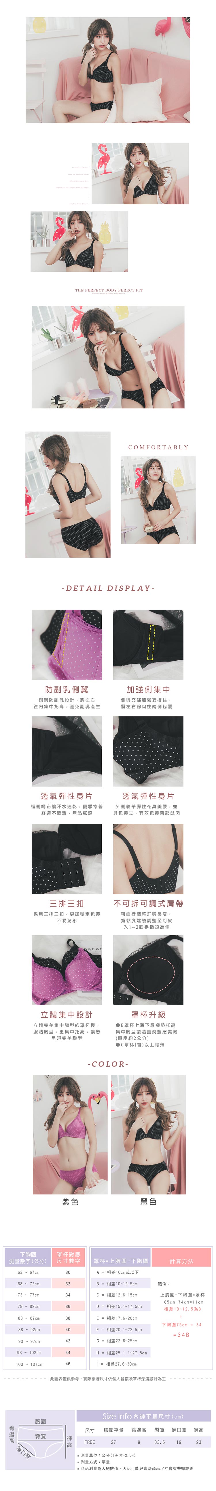 【露娜斯】經典復古風。點點款脅邊加高深V低脊心爆乳內衣【黑/紫】台灣製U8161